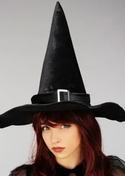 Womens Halloween Black Velvet Witch Hat