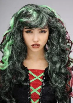Ladies Curly Green And Purple Witch Wig