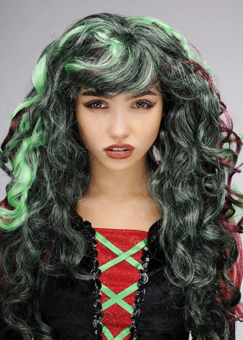 Ladies Curly Green And Purple Witch Wig 3 Ladies Curly Green And Purple Witch Wig