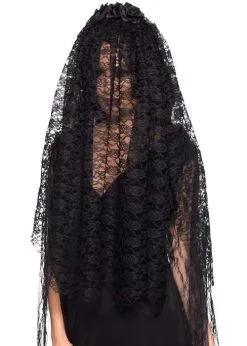 Halloween Gothic Bride Long Black Lace Veil With Flowers