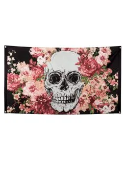 Day Of The Dead Pink Flower Skull Flag Decoration
