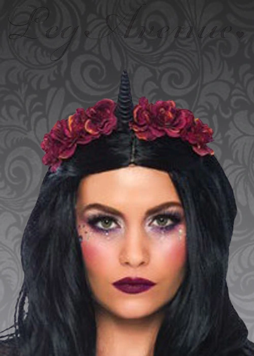 Gothic Black Dark Unicorn Horn With Flowers On Headband 3 Gothic Black Dark Unicorn Horn With Flowers On Headband