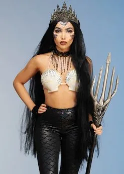 Womens Extra Long Black Gothic Mermaid Wig With Crown