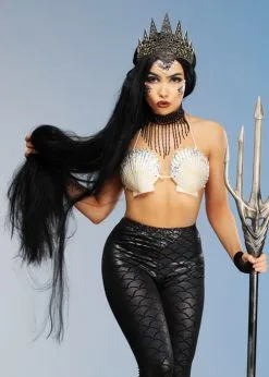 Womens Extra Long Black Gothic Mermaid Wig With Crown -Costumes Sales XL black wig and crown 02