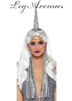 Womens Deluxe Silver Unicorn Horn Headpiece With Mane