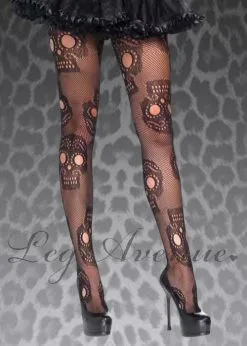 Womens Plus Size Black Sugar Skull Net Tights