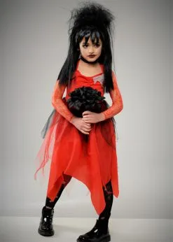 Kids Beetlejuice Style Lydia Red Bride Costume -Costumes Sales childrens red beetlejuice bride costume 02