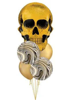Inflated Chrome Gold Skull Halloween Helium Balloon Cluster