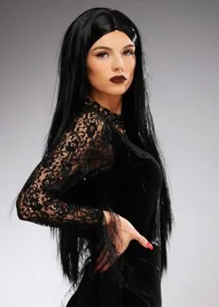 Womens Halloween Deluxe Long Black Morticia Style Wig 9 Womens Halloween Deluxe Long Black Morticia Style Wig -Costumes Sales deluxe black morticia wig 02