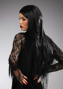 Womens Halloween Deluxe Long Black Morticia Style Wig 11 Womens Halloween Deluxe Long Black Morticia Style Wig -Costumes Sales deluxe black morticia wig 04