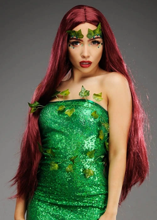 Womens Extra Long Burgundy Poison Ivy Style Wig 3 Womens Extra Long Burgundy Poison Ivy Style Wig
