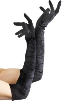 Ladies Gothic Long Black Velvet Gloves