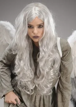 Womens Gothic Fallen Angel Long Grey Wig