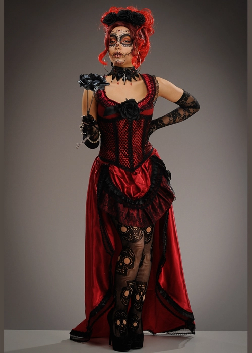 Womens Day Of The Dead Long Red Senorita Costume 3 Womens Day Of The Dead Long Red Senorita Costume