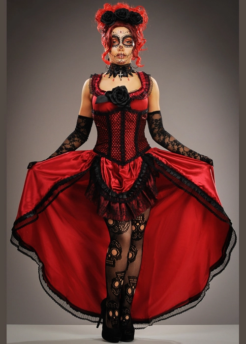 Womens Day Of The Dead Long Red Senorita Costume 4 Womens Day Of The Dead Long Red Senorita Costume - Image 2
