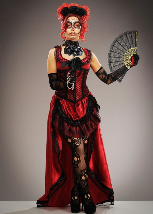 Womens Day Of The Dead Long Red Senorita Costume 5 Womens Day Of The Dead Long Red Senorita Costume - Image 3