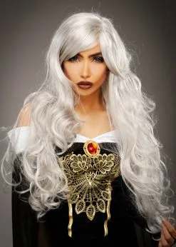 Womens Deluxe Halloween Long Grey Wavy Wig