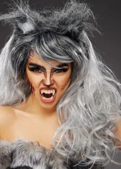 Womens Long Grey Werewolf Wig With Wolf Ears