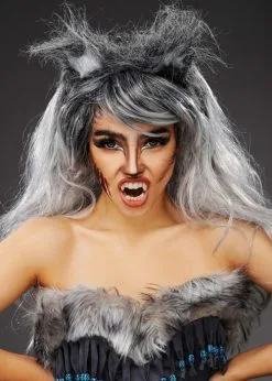Womens Long Grey Werewolf Wig With Wolf Ears -Costumes Sales womens grey werewolf wig and ears 02